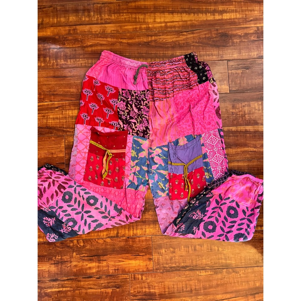 Boho Patchwork Harem Pants Pink Floral Hippie Joggers Elastic Waist Pockets